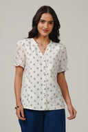 SS27 Shirt Sleeve Frill Neck Blouse - White