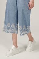 SS27 Wide Leg Cut Work Cropped Trousers - Chambray