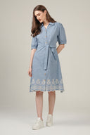 SS27 Belted Shirt Dress Cutwork Hem - Chambray