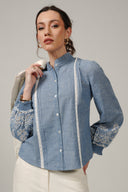SS27 Embroidered Frill Neck Shirt - Chambray