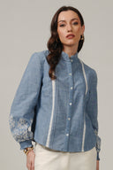 SS27 Embroidered Frill Neck Shirt - Chambray