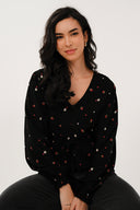 EF4424 Ditsy Floral Peplum Top - Black