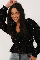 EF4424 Ditsy Floral Peplum Top - Black