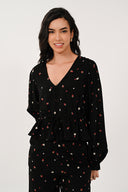 EF4424 Ditsy Floral Peplum Top - Black