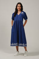 SS27 Embroidered Puff Sleeve Dress - Estate Blue