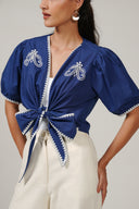 SS27 Embroidered Tie Front Shrug - Estate Blue