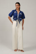 SS27 Embroidered Tie Front Shrug - Estate Blue