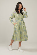 SS27 Belted Shirt Dress Long Sleeve - Green Ikat