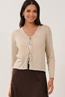 KN7209 Scallop Trim Tie Front Cardigan - Champagne Gold