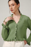 SS27 V Neck Cardigan With Frill Detail - Shale