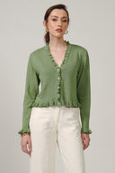 SS27 V Neck Cardigan With Frill Detail - Shale
