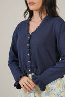 SS27 V Neck Cardigan With Frill Detail - Navy