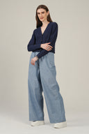SS27 Pointelle Vneck Cardigan - Navy
