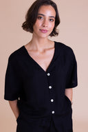 SS26 V Neck Button Through Top - Black