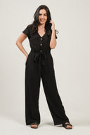 SS27 Plain Black Linen Blend Jumpsuit - Black