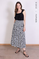 SS26 Sustainable Viscose Smocked Waist Midi Skirt - Black & Ivory