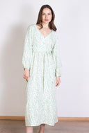 SS26 Linen Tiered Button Through Midi Dress - Aqua & Ivory