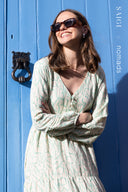 SS26 Linen Tiered Button Through Midi Dress - Aqua & Ivory