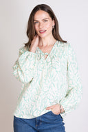 SS25 Linen Gathered Tie Smock Blouse - Aqua & Ivory