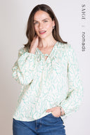 SS25 Linen Gathered Tie Smock Blouse - Aqua & Ivory