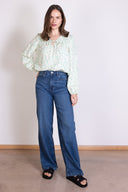 SS25 Linen Gathered Tie Smock Blouse - Aqua & Ivory