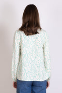 SS25 Linen Gathered Tie Smock Blouse - Aqua & Ivory