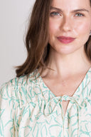 SS25 Linen Gathered Tie Smock Blouse - Aqua & Ivory