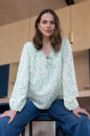 SS25 Linen Gathered Tie Smock Blouse - Aqua & Ivory