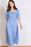 SS26 Shirred Midi Dress - Blue & Ivory
