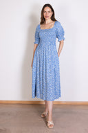SS26 Shirred Midi Dress - Blue & Ivory