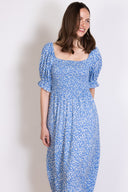SS26 Shirred Midi Dress - Blue & Ivory
