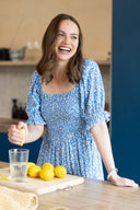 SS26 Shirred Midi Dress - Blue & Ivory