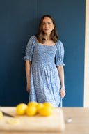 SS26 Shirred Midi Dress - Blue & Ivory