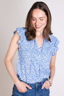 SS25 Frill Tie Neck Shell Top - Blue & Ivory