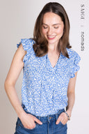 SS25 Frill Tie Neck Shell Top - Blue & Ivory