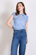 SS25 Frill Tie Neck Shell Top - Blue & Ivory