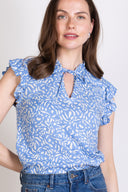 SS25 Frill Tie Neck Shell Top - Blue & Ivory
