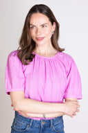 SS25 Plain Textured Cotton Puff Sleeve Top- Orchid