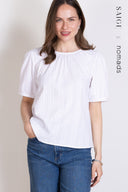 SS26 Plain Textured Cotton Puff Sleeve Top - White