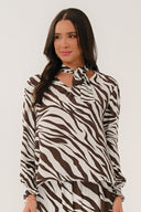 ZB4313 Zebra Print Pussy Bow Blouse - Chocolate